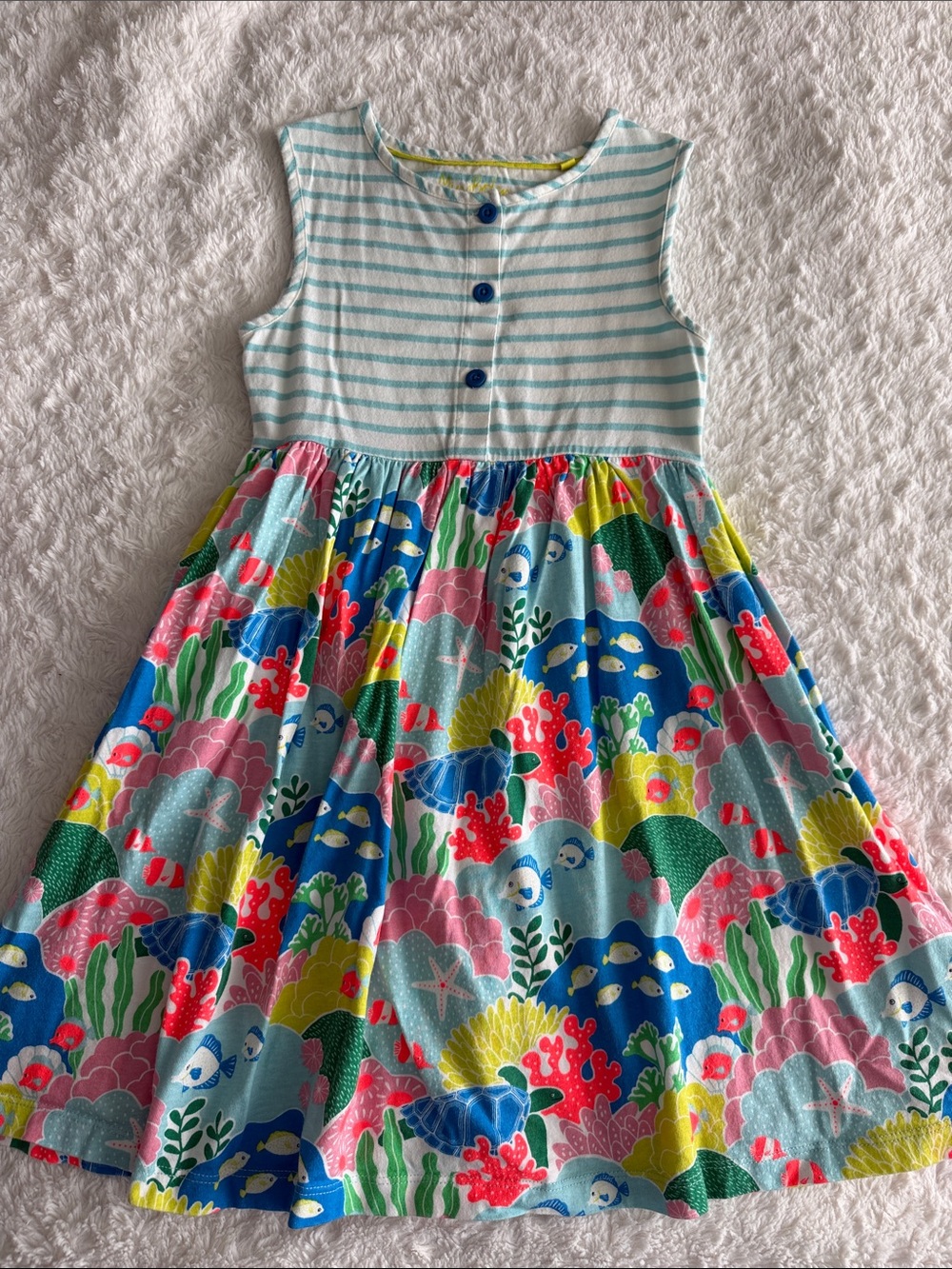 Mini Boden girls size 8-9 sleeveless knit dress blue stripe fish coral print